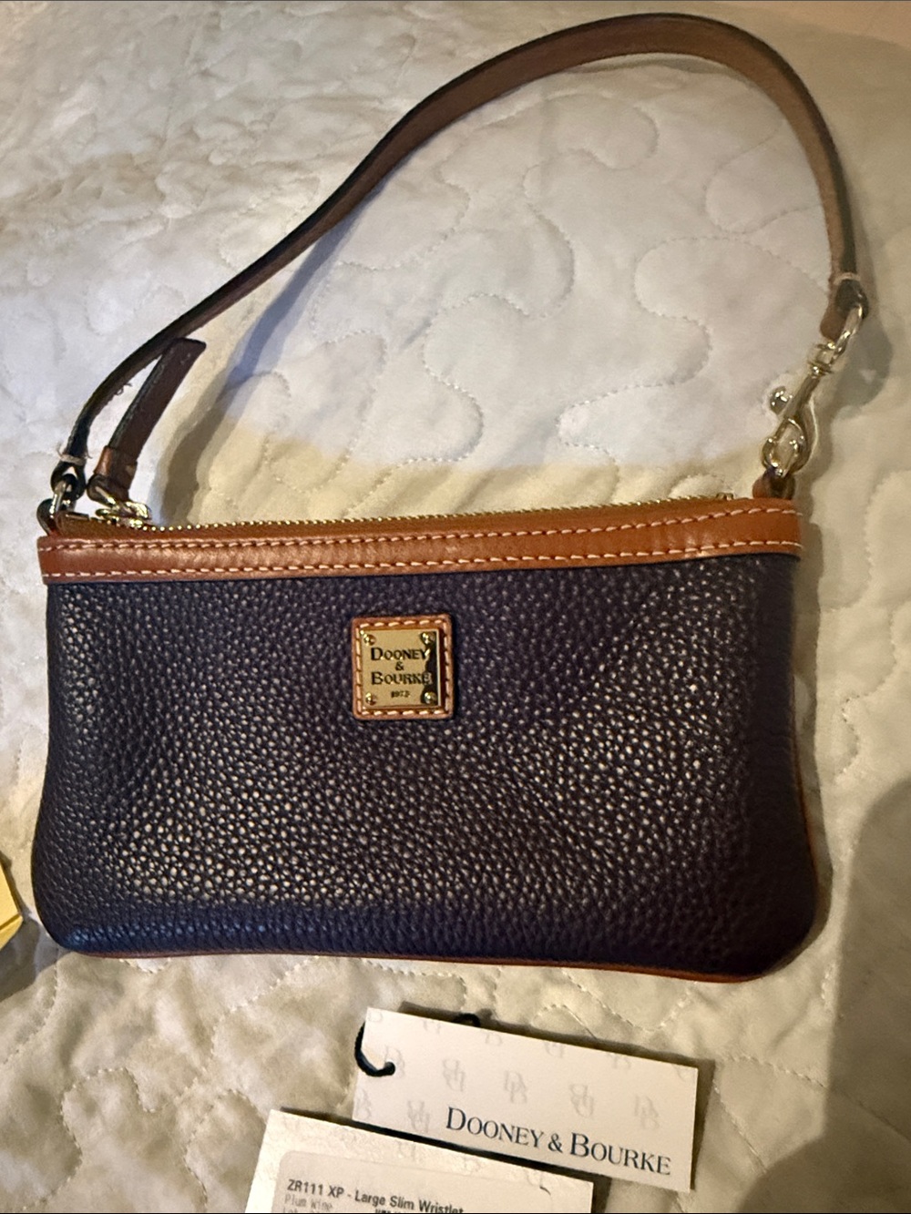 Dooney & Bourke Dark Brown Pebbled Leather Wristlet with Tan Trim